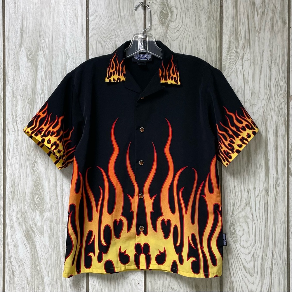 VTG Silver Point Men Black Flame Print 90s Y2K Button-Up Short Sleeve Shirt M